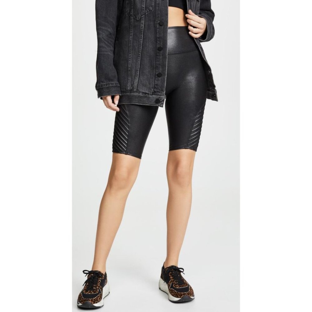 Spanx Faux Leather Moto Shorts Black High-Rise Shiny Edgy Motorcycle Bike Long S